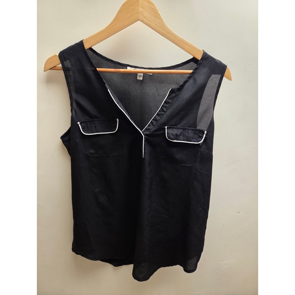 Daniel Rainn Womens‎ Black Sleeveless V-Neck Blouse White Piping Sheer Back M